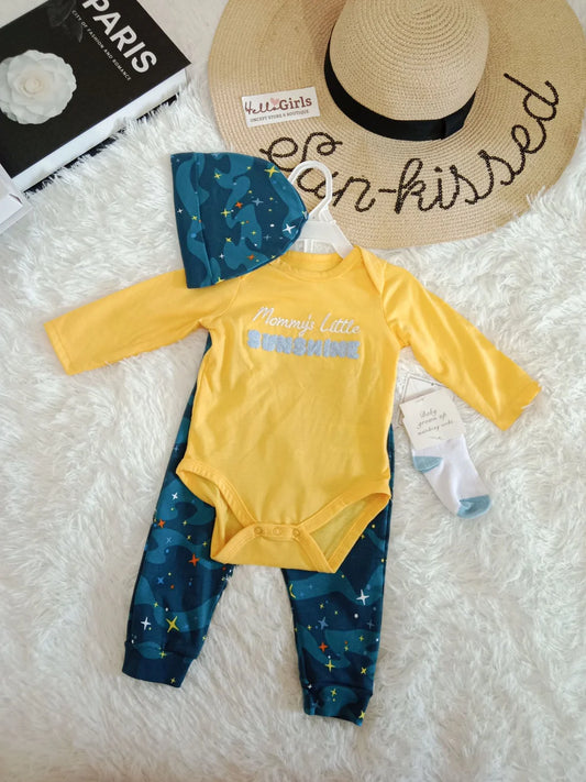 Little Sunshine 4-Piece Baby Outfit Set – Bodysuit, Pants, Hat & Socks