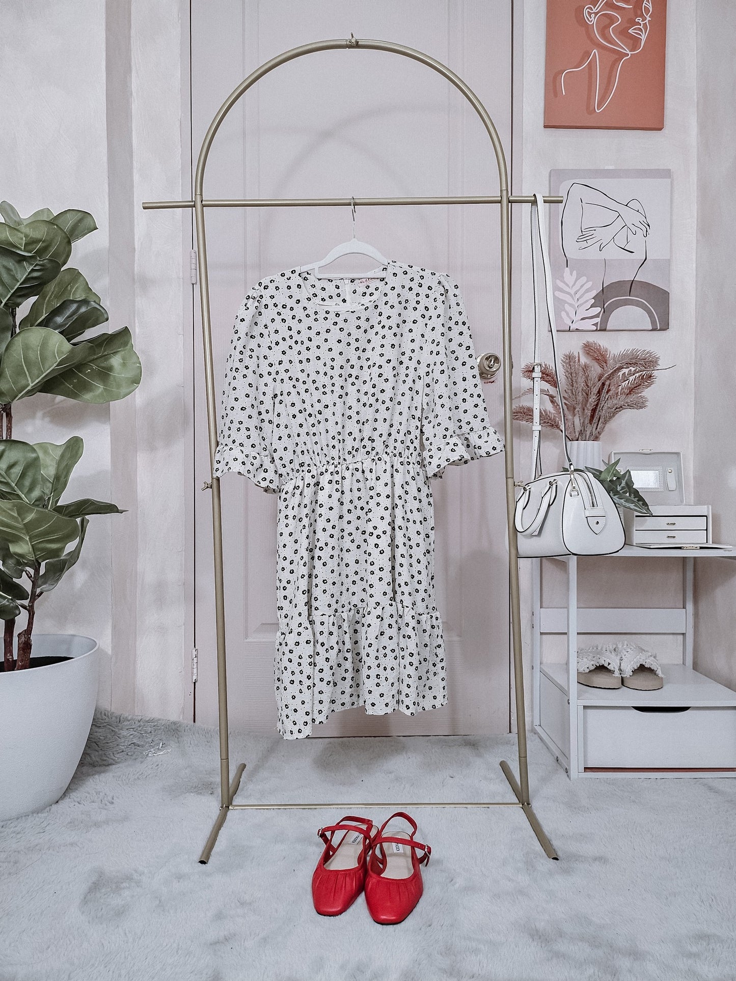 Floral Print Ruffle Hem Dress – Puff Sleeve Midi in White