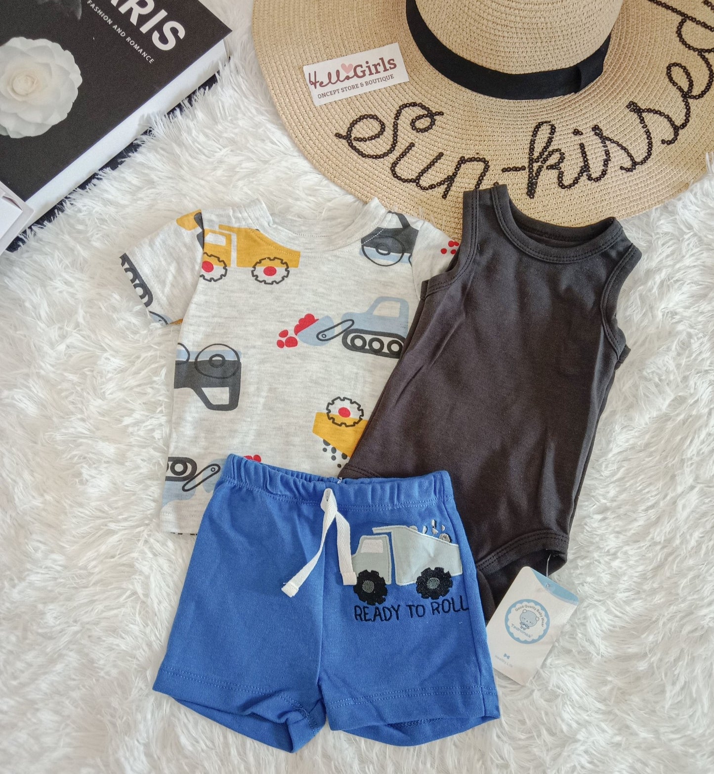 Baby Boy 3-Piece Summer Outfit Set – Printed Top,  Bodysuit & Shorts