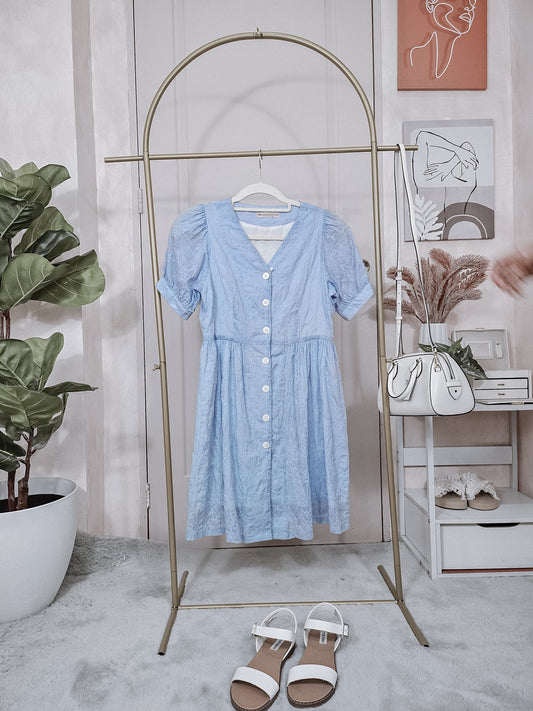 Button-Down Puff Sleeve Dress – Light Blue Textured Mini Dress