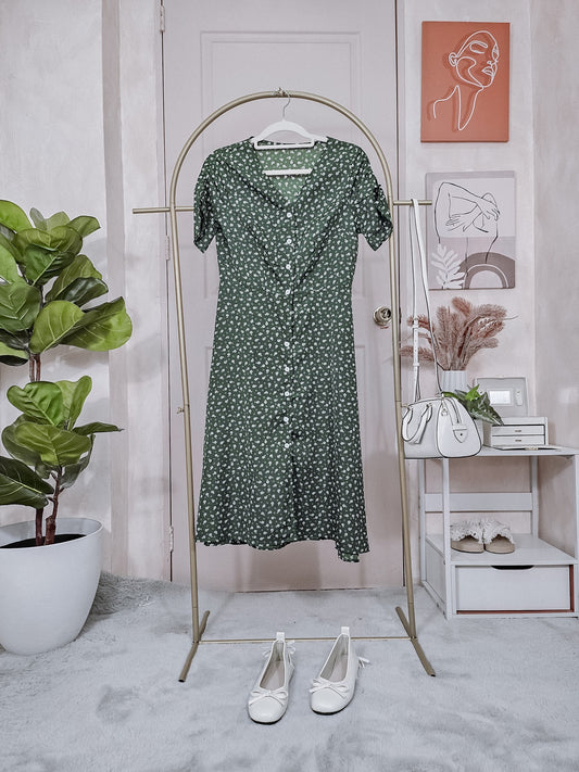 Green Floral Button-Down Midi Dress with V-Neck
