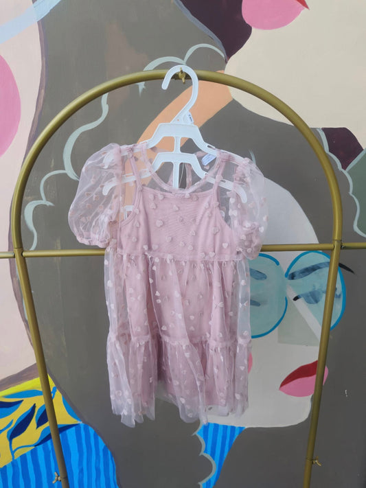 Baby Girl Puff Sleeve Tulle Dress with Heart Details