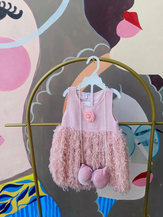 Baby Girl Sleeveless Fuzzy Party Dress with Flower Accent
