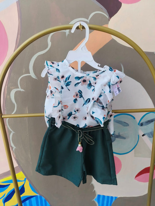 Girls’ Floral Ruffle Top & Green Shorts Set