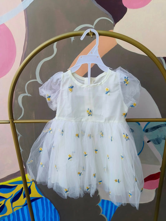 Baby Girl Tulle Dress with Floral Embroidery and Puff Sleeves