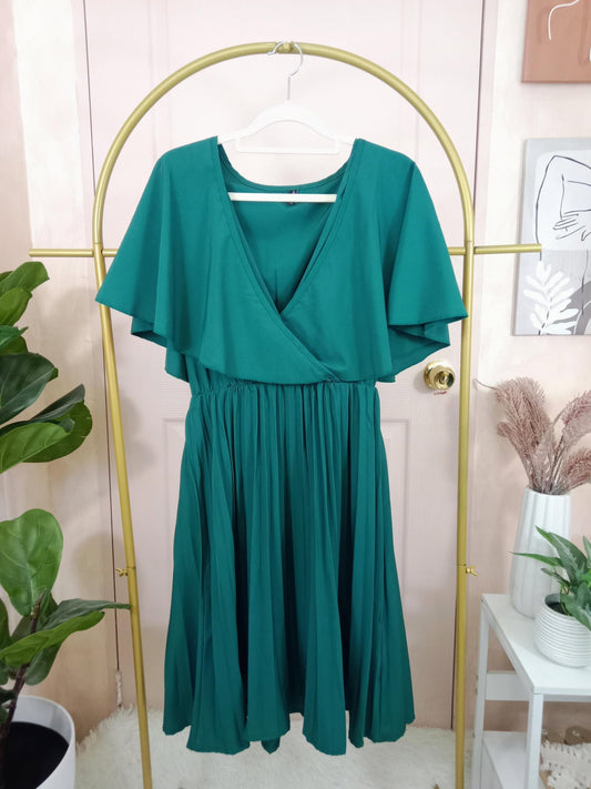 Elegant Teal Green Midi Dress with Flutter Sleeves & Wrap V-Neckline