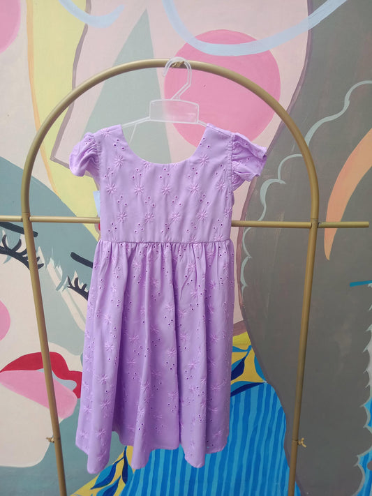 Girls’ Eyelet Floral Puff Sleeve Dress with Ruffled Collar