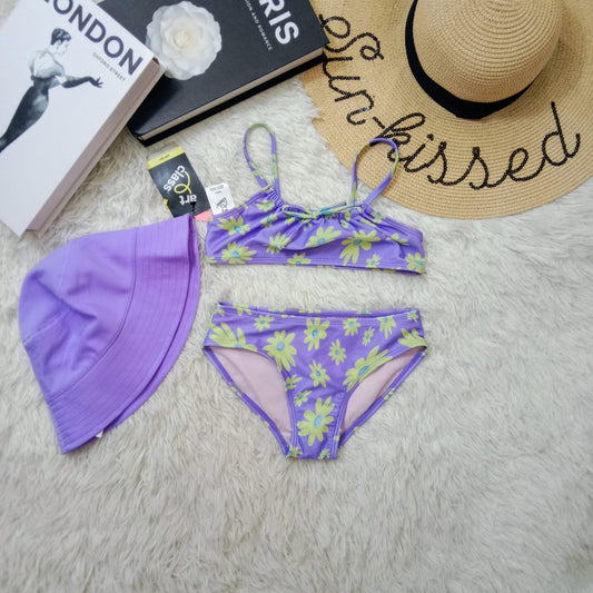 Girls 3-Piece Purple Floral Bikini Set with Matching Hat