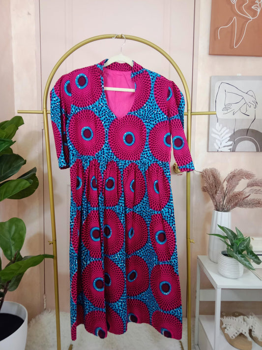 Bold African Print Midi Dress with V-Neck & Half Sleeves