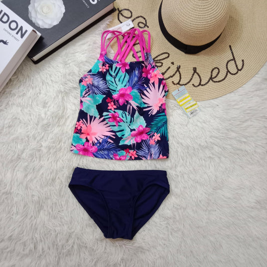 Girls’ Tropical Tankini Swimsuit Set – Floral Halter Top with Navy Bottom