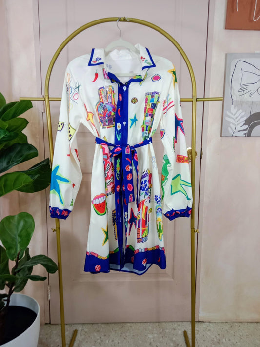 Graphic Print Belted Shirt Dress