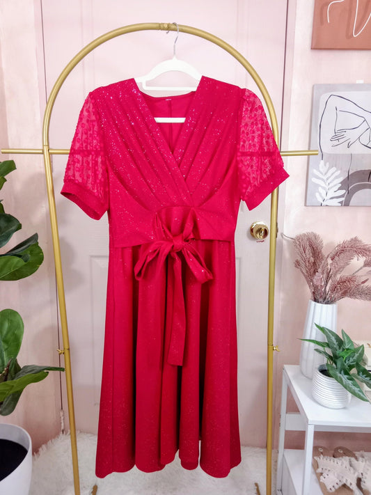 Sparkling Red Midi Dress with Sheer Sleeves & Waist Tie