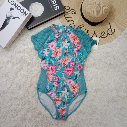 Girls’ Floral One-Piece Swimsuit with Mesh Sleeves