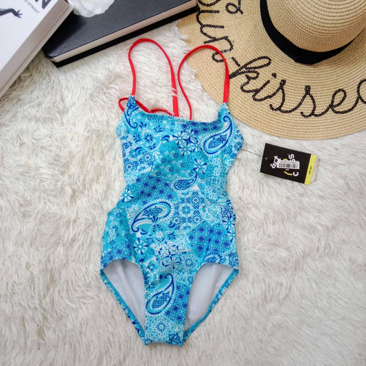 Girls Blue Paisley One-Piece Swimsuit with Red Straps