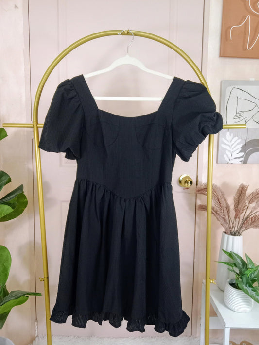 Black Puff Sleeve Square Neck Dress with Ruffle Hem