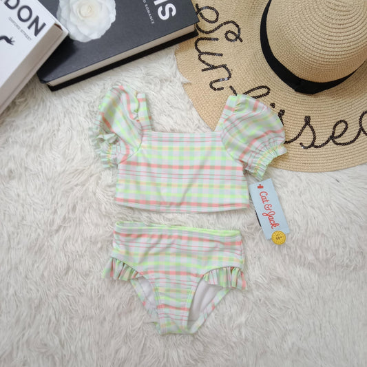 Girls Pastel Gingham Puff Sleeve Bikini Set
