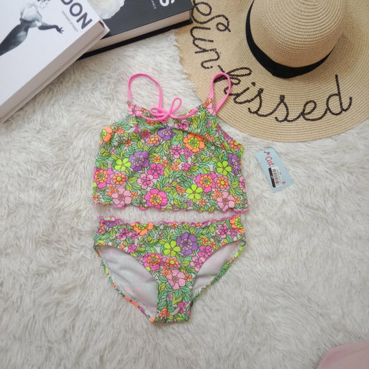 Girls Floral Two-Piece Swimsuit with Ruffle Hem