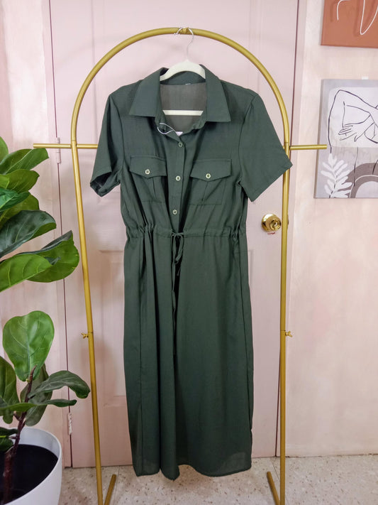 Women's Button-Down Utility Dress with Drawstring Waist