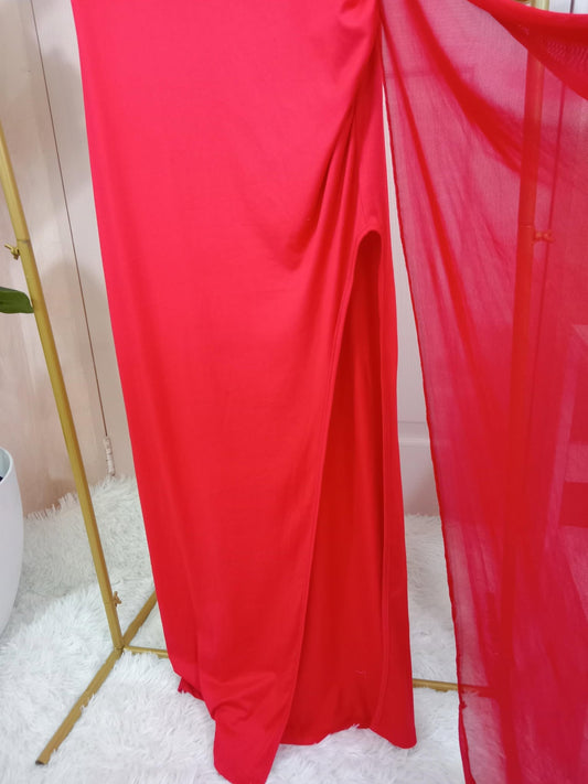 One-Shoulder Red Maxi Dress with Draped Side Slit and Sheer Overlay