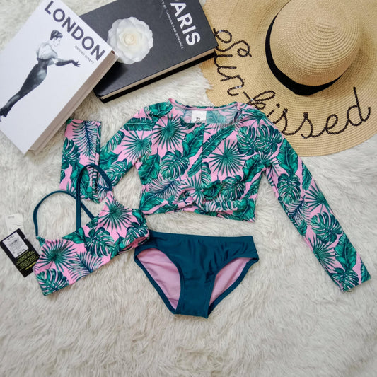 Girls 3-Piece Tropical Leaf Swimwear Set
