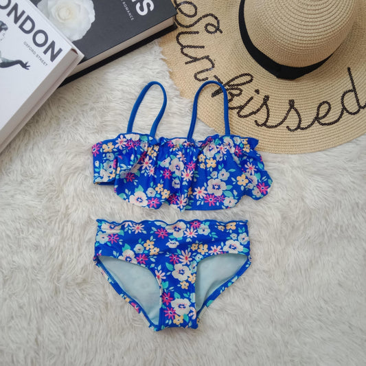 Girls Blue Floral Bikini Set with Ruffle Top