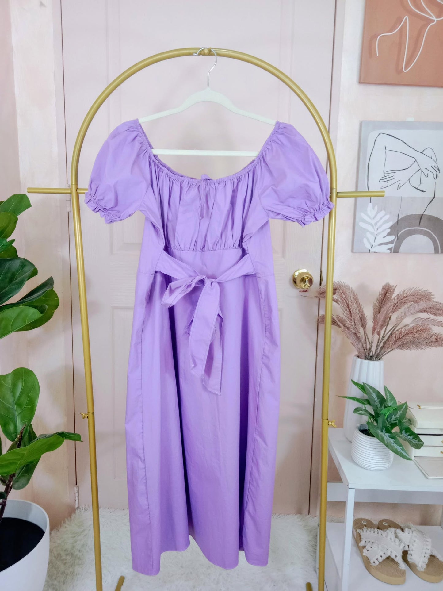 Lilac Puff Sleeve Midi Dress with Tie-Waist and Off-Shoulder