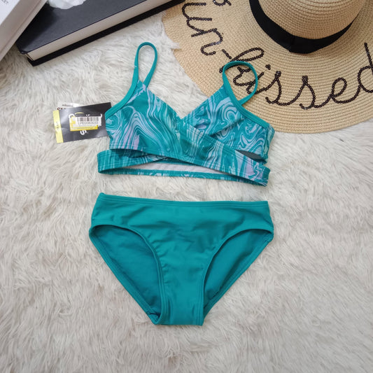 Girls’ Marble Print Bikini Set – Teal Two-Piece Swimwear