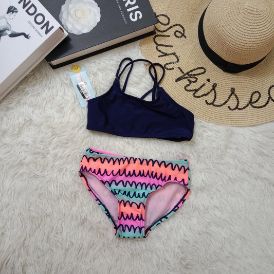 Girls’ Two-Piece Bikini Set – Navy Top with Colorful Scribble Print Bottom