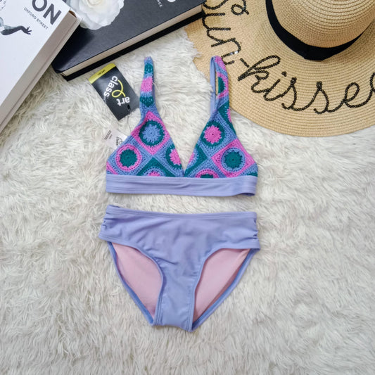 Crochet-Inspired Bikini Set with Lilac Bottoms