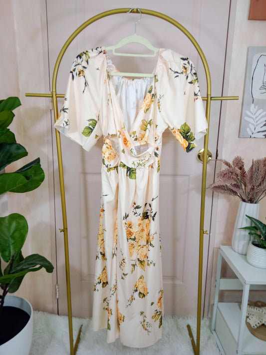 Women's Floral Maxi Dress with Puff Sleeves and V-Neck