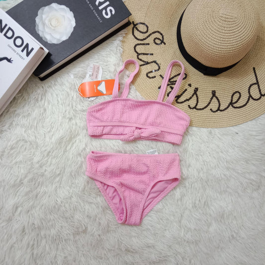 Girls’ Pink Textured Bikini Set – Knotted Bandeau Top & Matching Bottoms