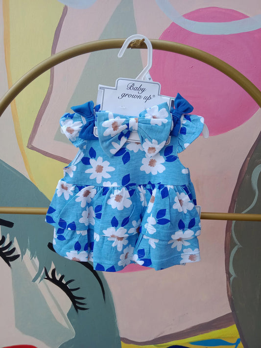 Baby Girl Blue Floral Dress with Ruffles & Matching Headband