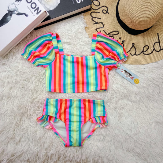 Girls Rainbow Striped Two-Piece Swimsuit with Puff Sleeves