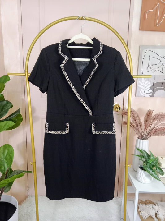 Elegant Black Tweed-Trim Blazer Dress with Short Sleeves