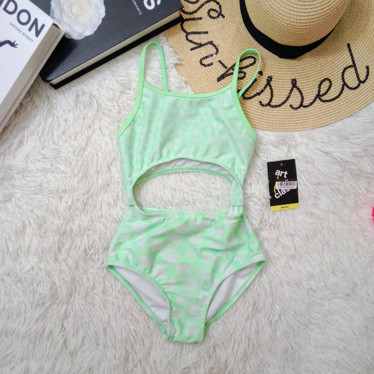 Girls Light Green One-Piece Swimsuit with Cut-Out Detail