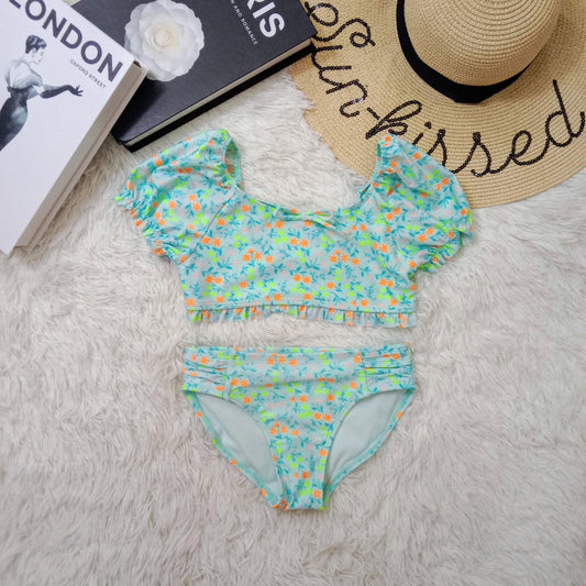 Girls Floral Two-Piece Bikini Set with Puff Sleeves
