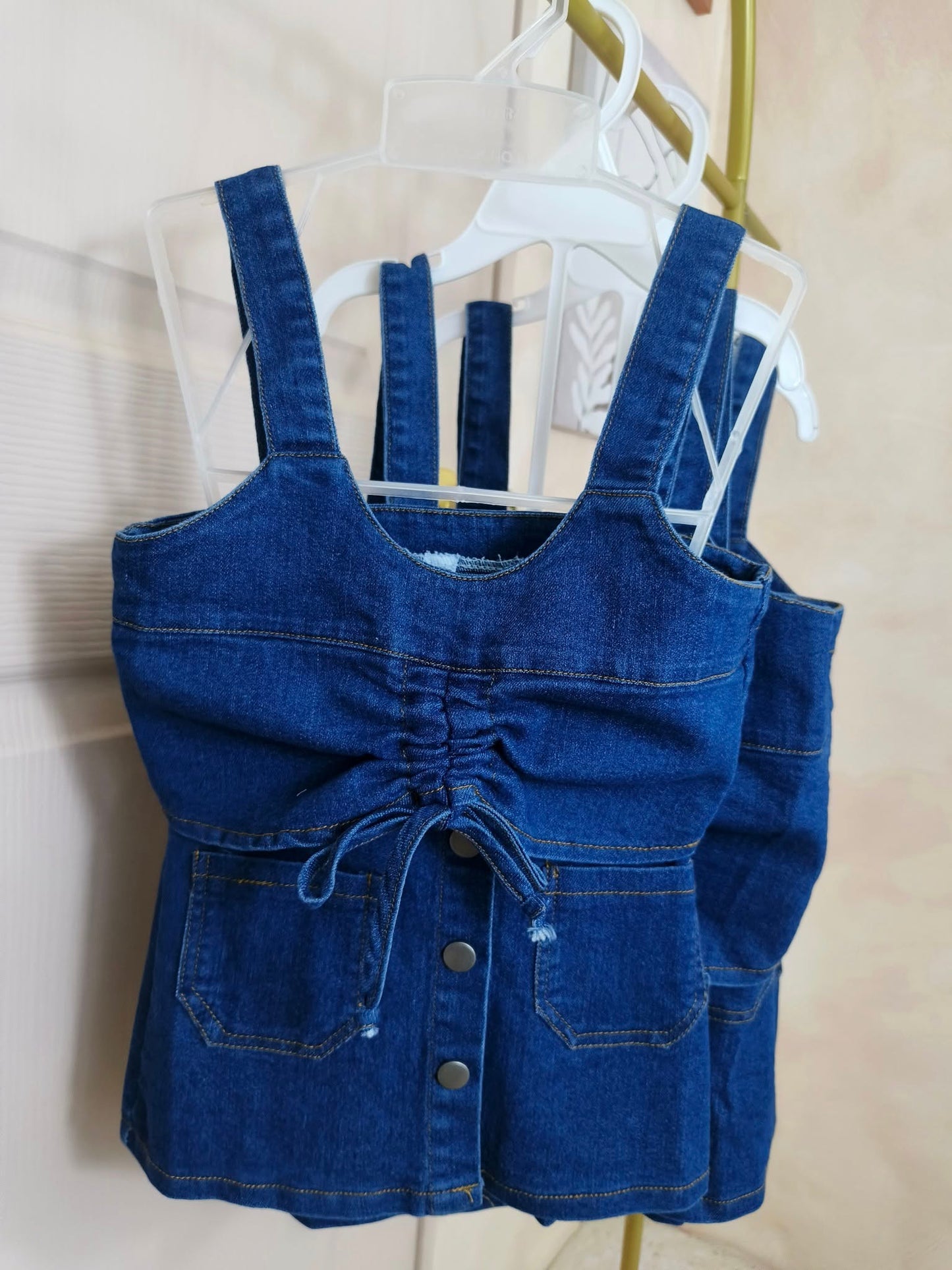 Girls’ Denim Ruched Button-Front Crop Top with Front Pockets
