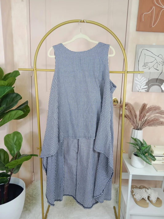 Sleeveless Navy Gingham Draped Midi Dress