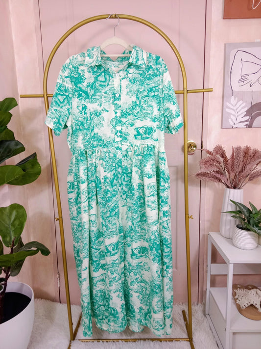 Green Toile Print Short Sleeve Dress