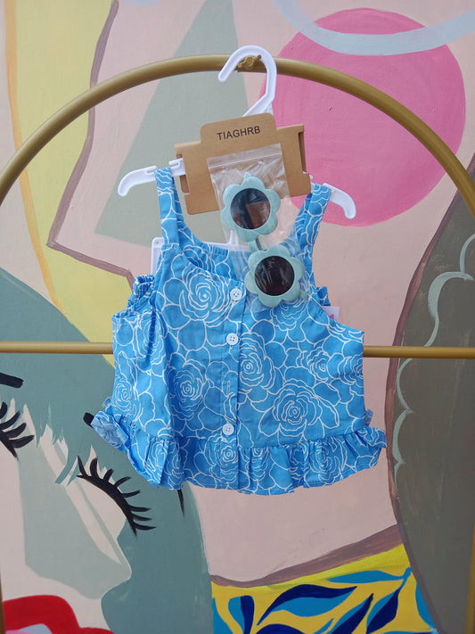 Baby Girl Blue Floral Ruffle Top with Flower Sunglasses