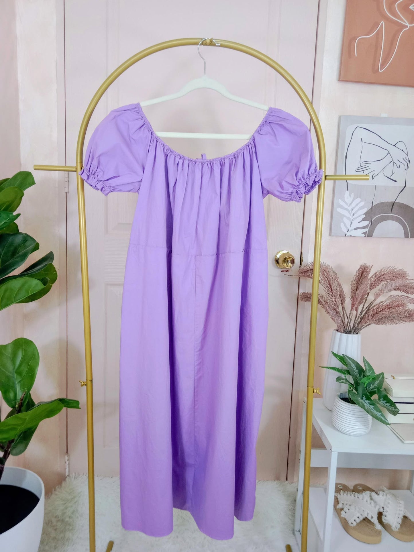 Lilac Puff Sleeve Midi Dress with Tie-Waist and Off-Shoulder