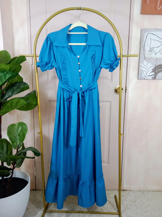 Elegant Puff Sleeve Button-Front Dress with Waist Tie