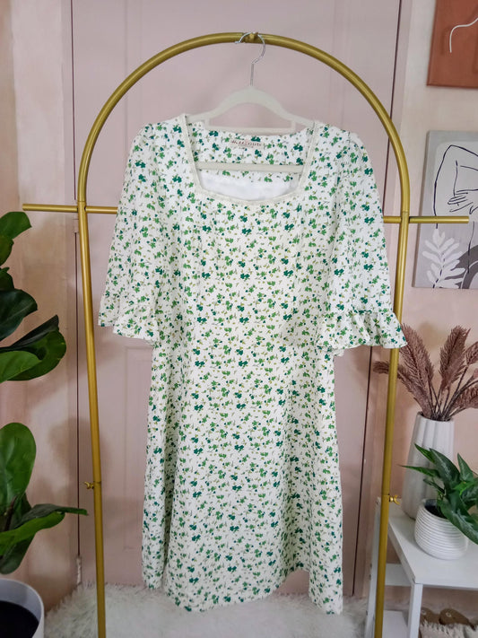 White and Green Ditsy Floral Dress