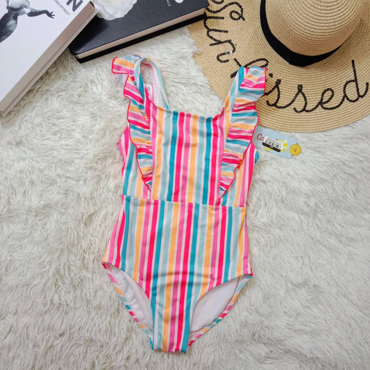 Girls Rainbow Stripe One-Piece Swimsuit with Ruffle Straps