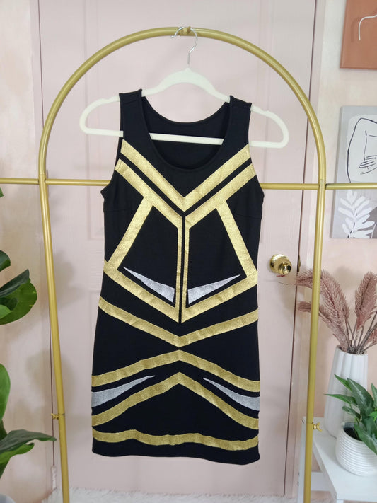 Black Bodycon Mini Dress with Gold and Silver Geometric Accents