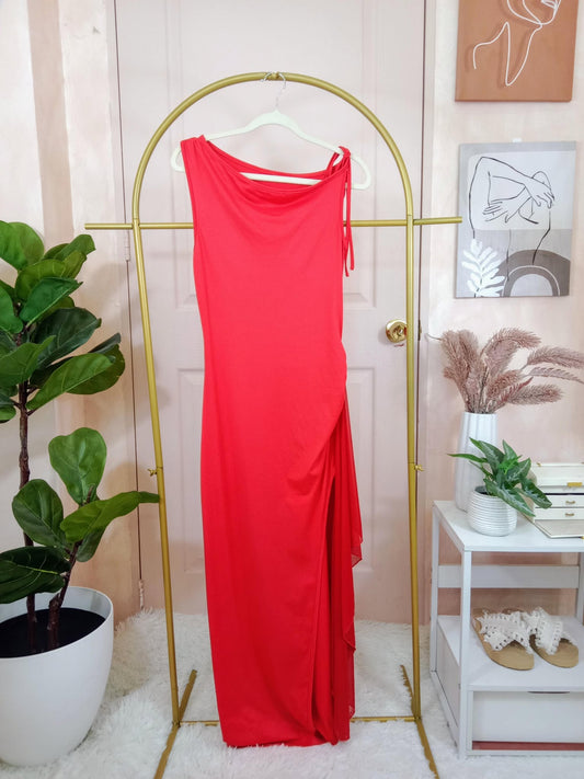 One-Shoulder Red Maxi Dress with Draped Side Slit and Sheer Overlay