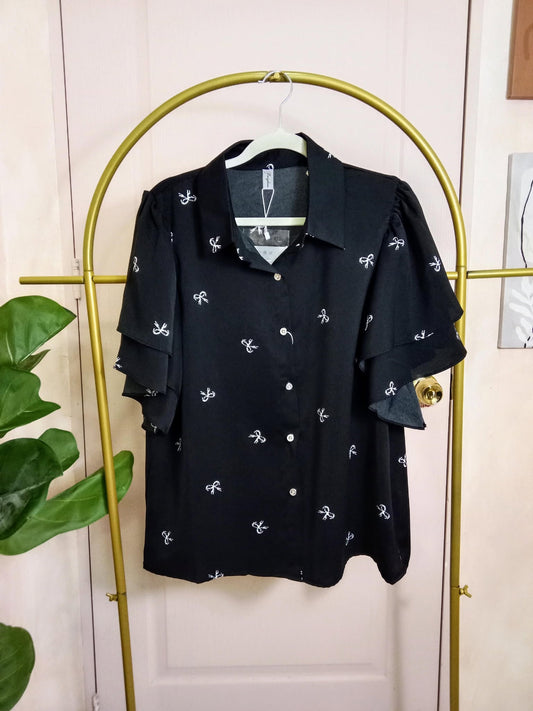 Black Button-Down Blouse with Embroidered Bows & Ruffle Sleeves