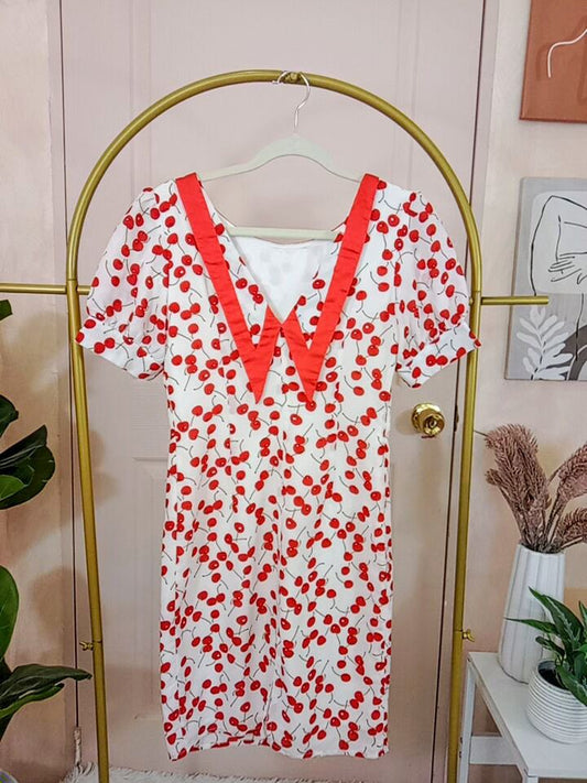 Vintage-Inspired Cherry Print Dress with Ruffle V-Neck Detail