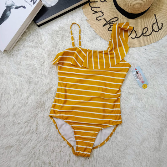 Girls Mustard Yellow Stripe One-Shoulder Swimsuit with Ruffle