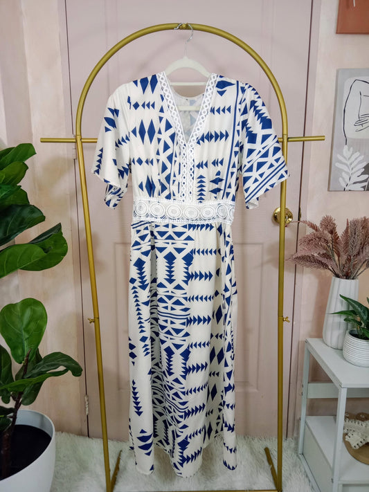 Women's Boho Printed Maxi Dress with Lace Trim